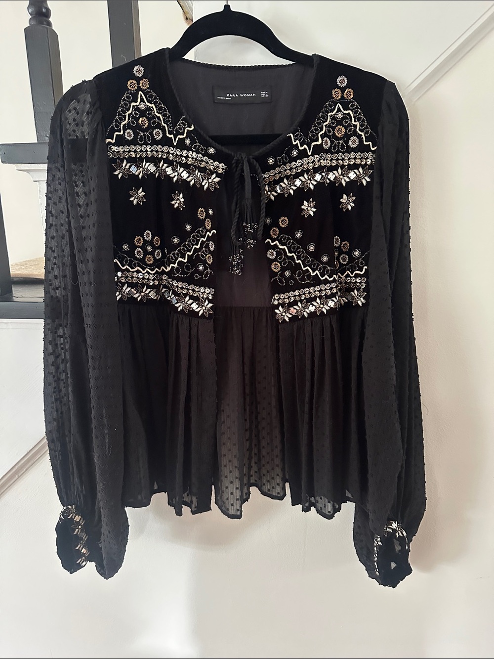 Gorgeous Zara Black Embellished Sheer Peasant Blouse